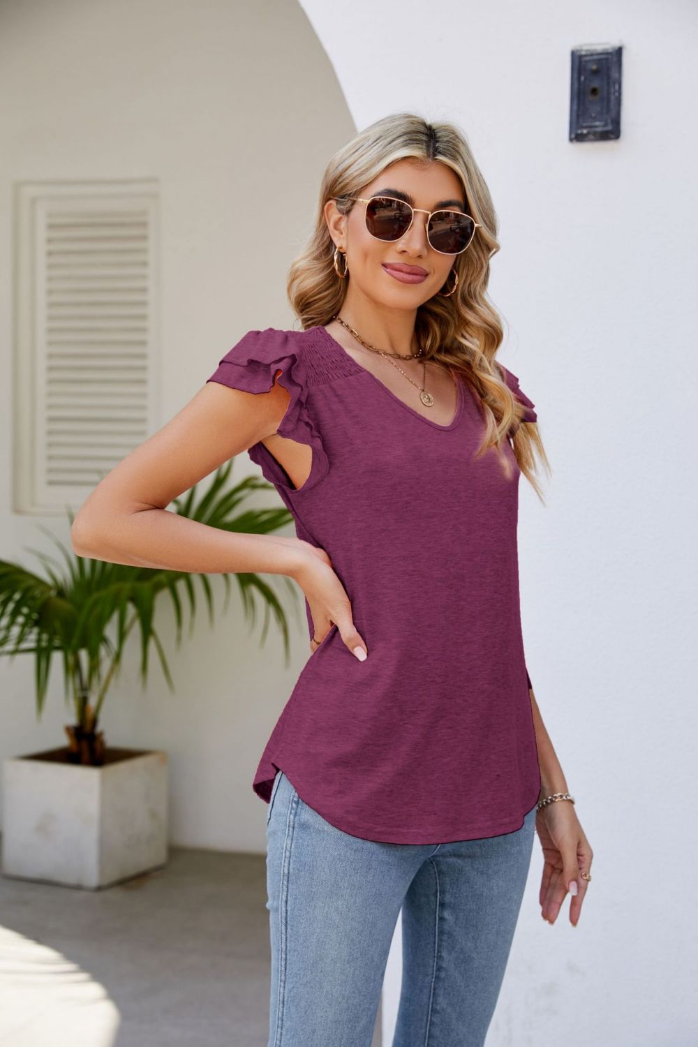 Smocked Flutter Sleeve V-Neck Top – Trendsi | ClozArt