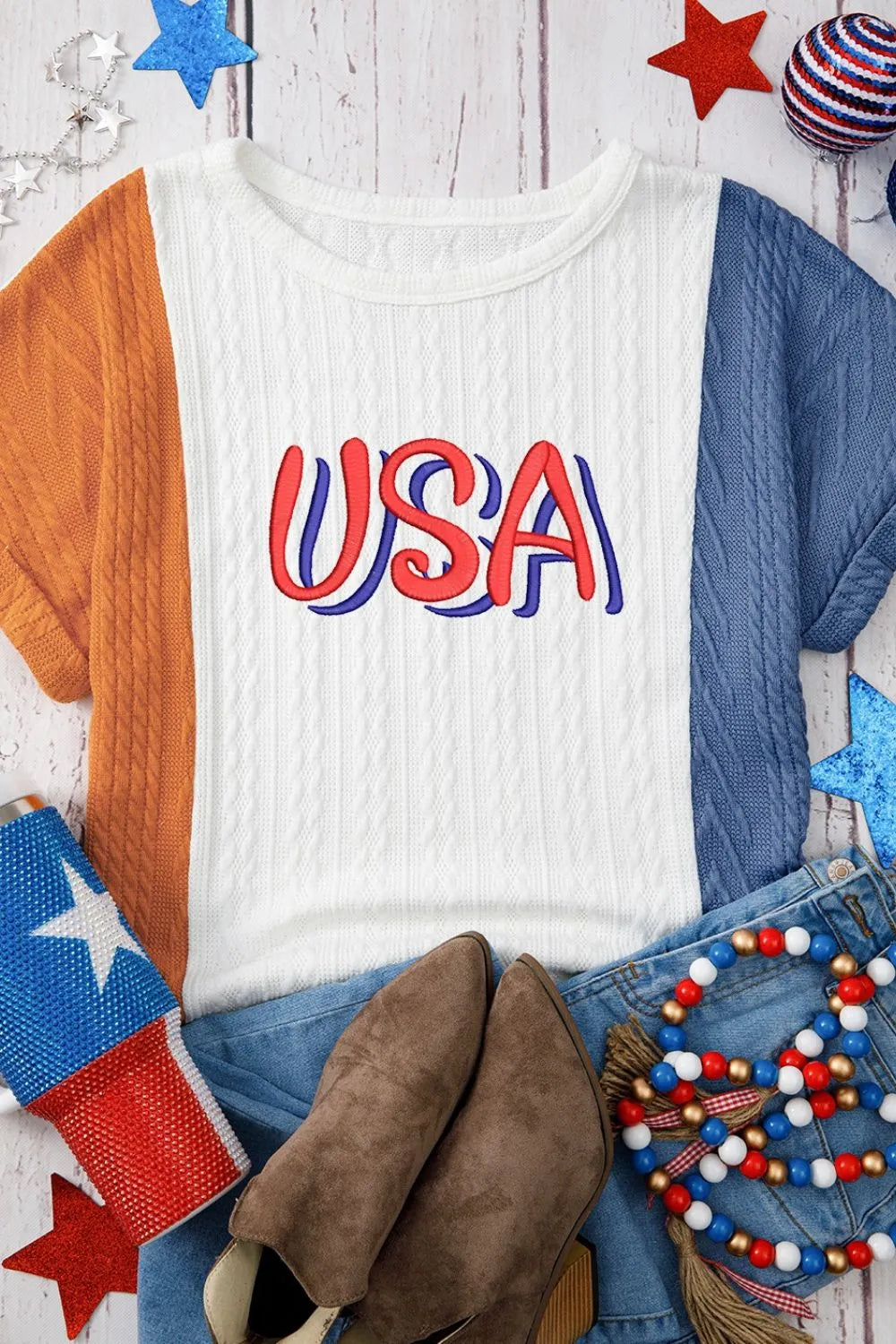 USA Embroidered Cable Textured Knit Cuffed Sleeve Color Block Tee – Trendsi | ClozArt