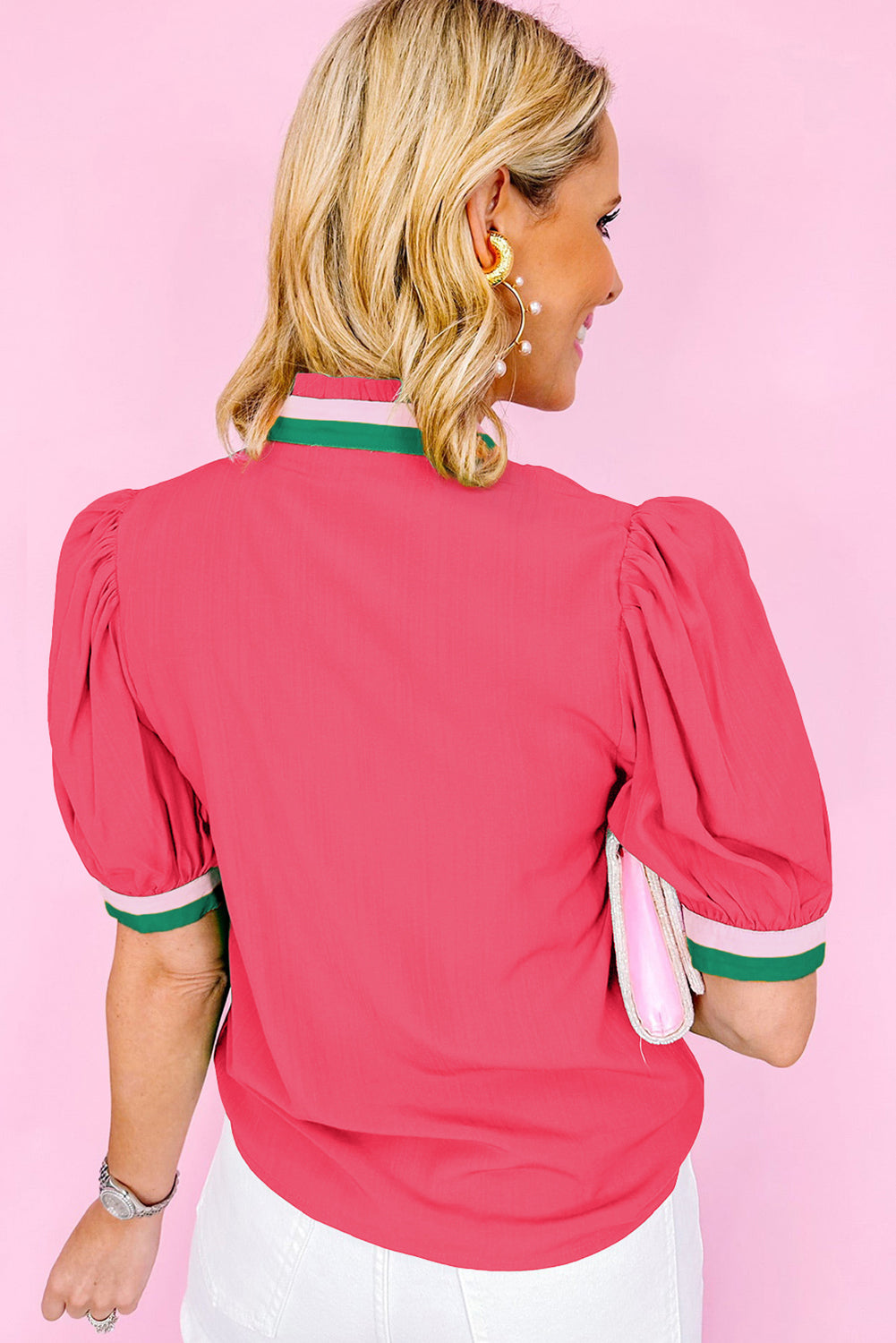 Bright Green Puff Sleeve Pop of Color Neckline Blouse – Shewin | ClozArt