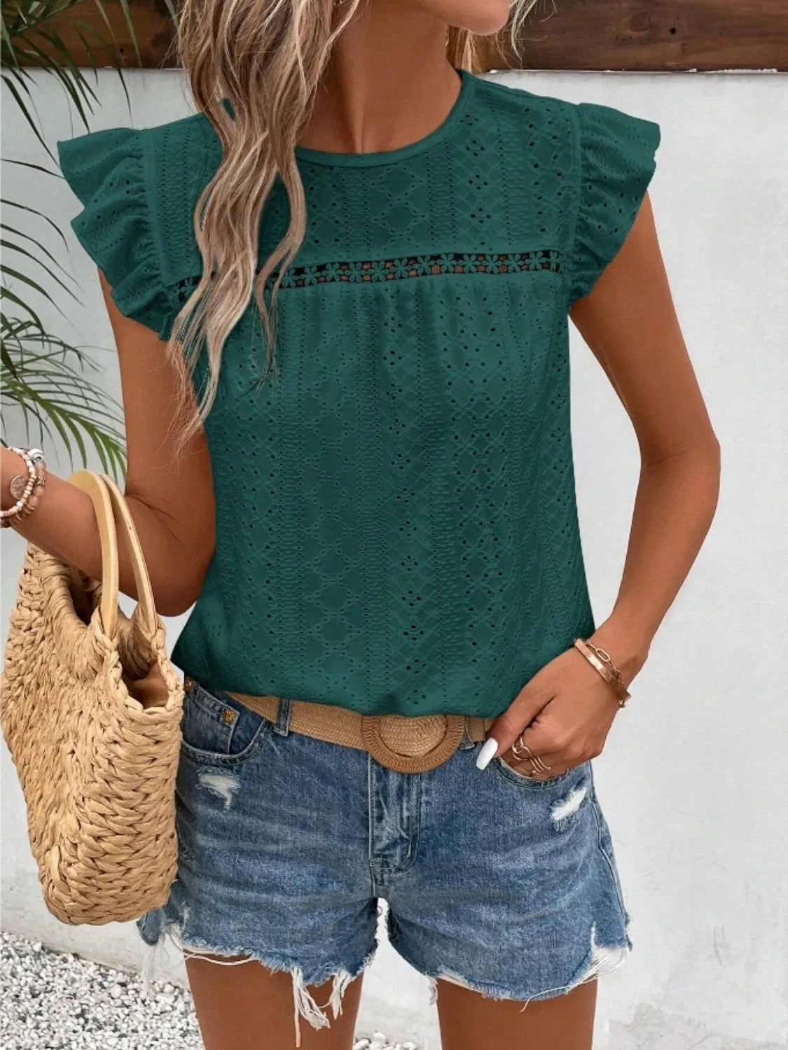 Eyelet Round Neck Cap Sleeve Top – Trendsi | ClozArt