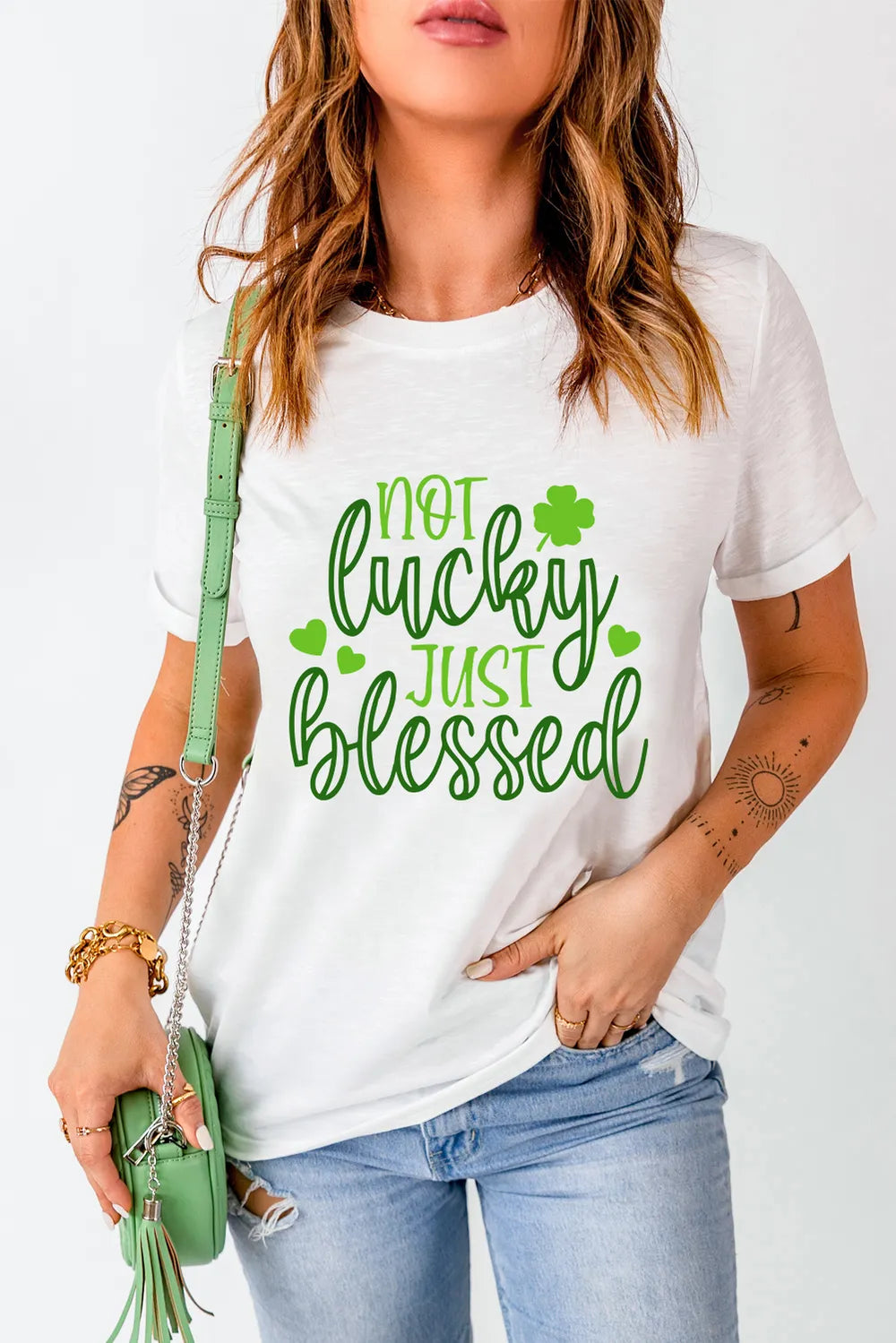 NOT LUCKY JUST BLESSED Round Neck T-Shirt – Trendsi | ClozArt