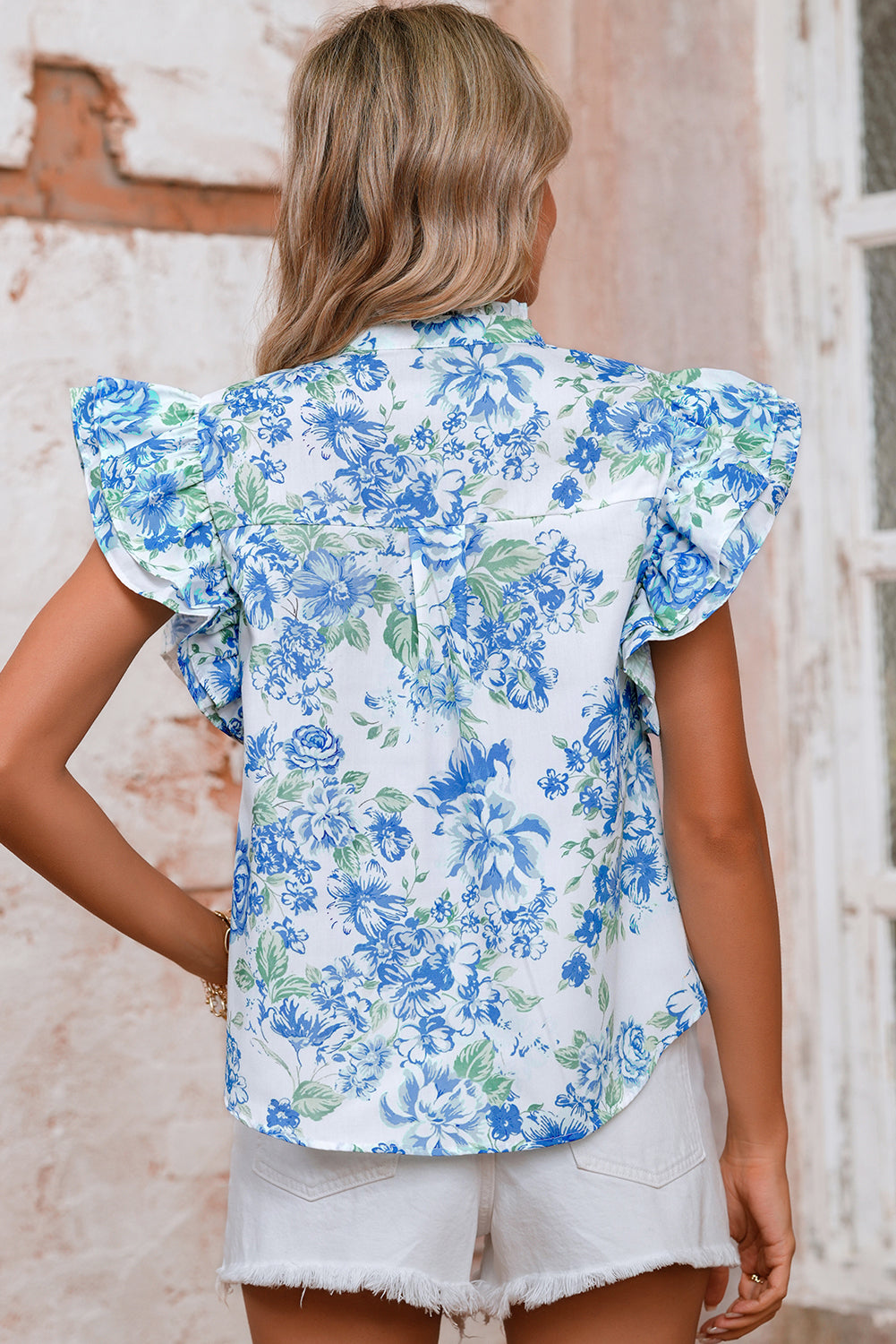 Sky Blue Floral Print Ruffle Sleeve Frill Shirt – Shewin | ClozArt