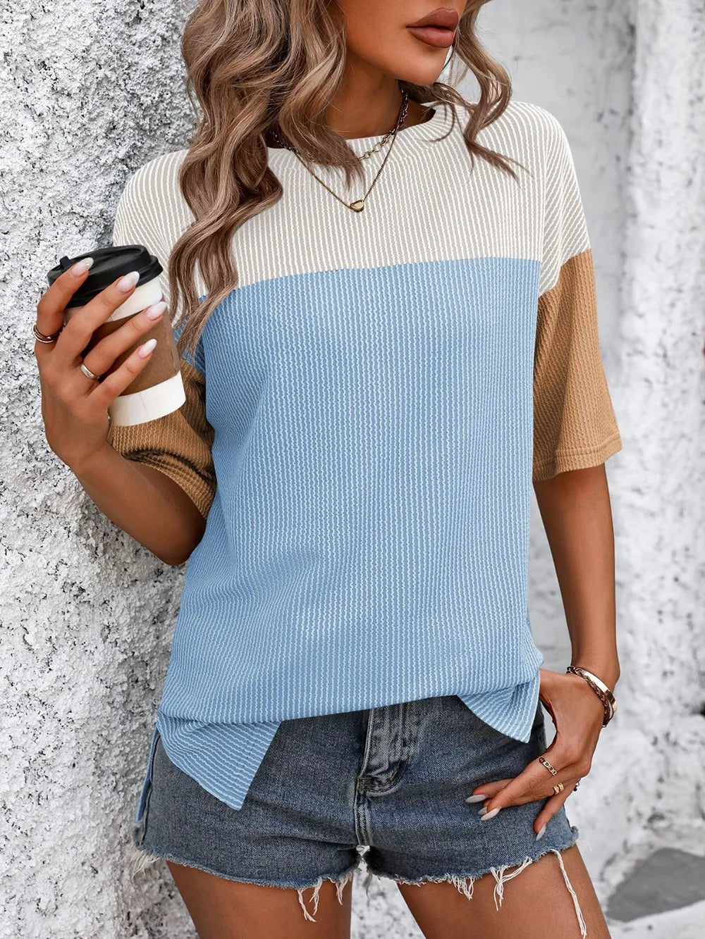 Mandy Color Block Round Neck Half Sleeve T-Shirt – Trendsi | ClozArt