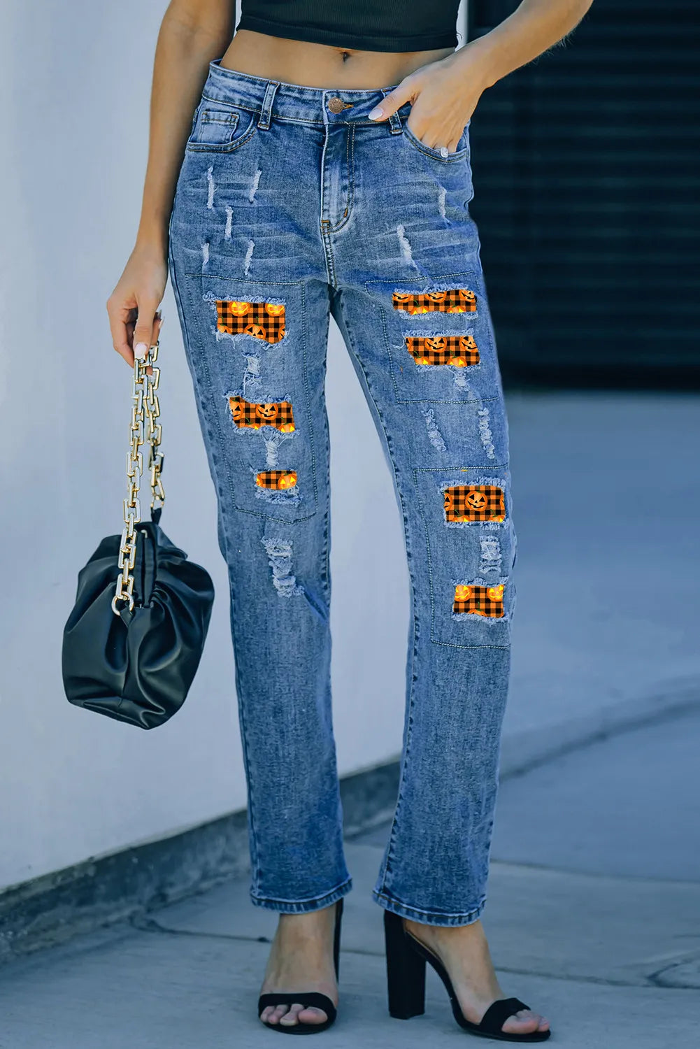 Distressed Pumpkin Pattern Jeans with Pockets – Trendsi | ClozArt
