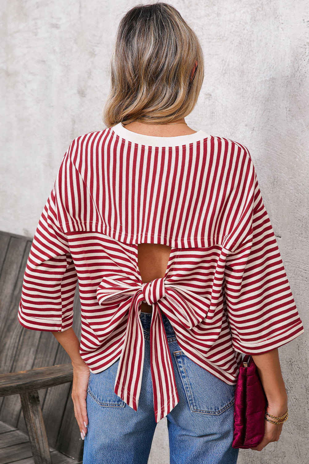 Red Striped Bowknot Backless T-Shirt – Shewin | ClozArt