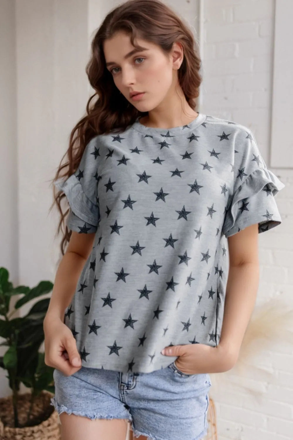 Star Print Tiered Ruffled Sleeve Crew Neck T Shirt – Trendsi | ClozArt