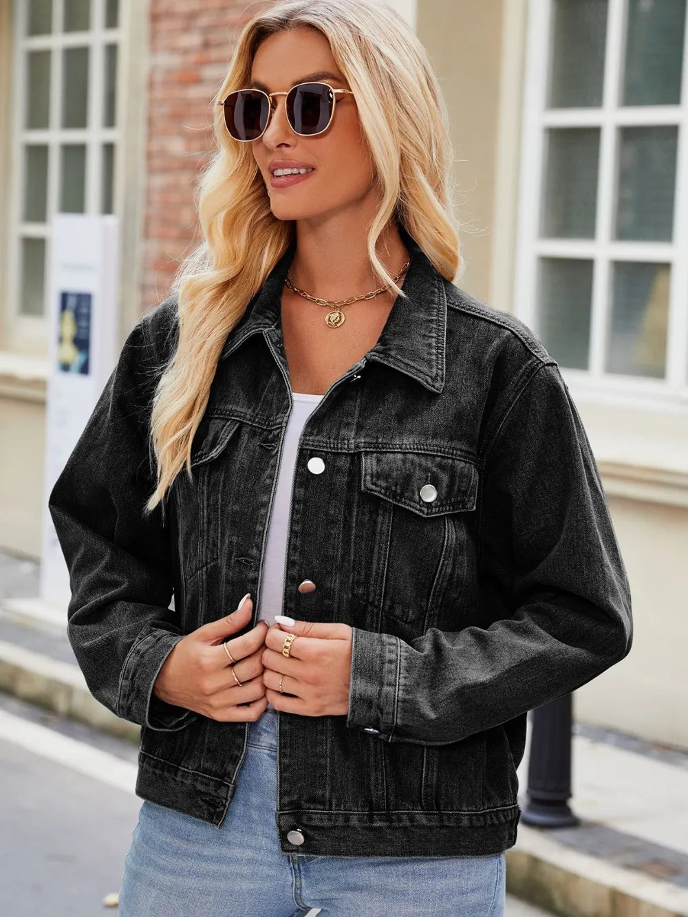 Pocketed Collared Neck Denim Jacket – Trendsi | ClozArt