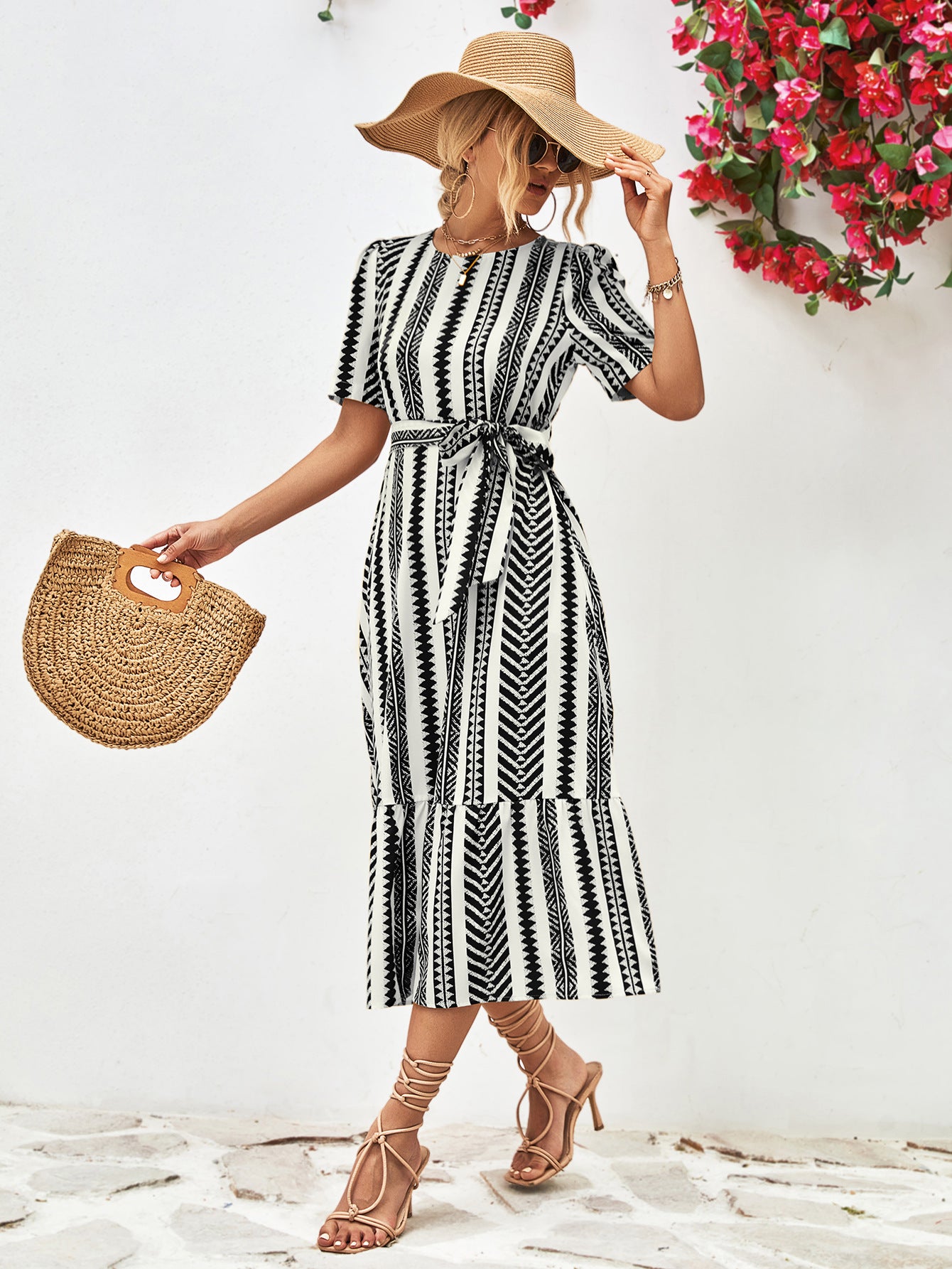 Striped Tie Belt Round Neck Puff Sleeve Dress – Trendsi | ClozArt