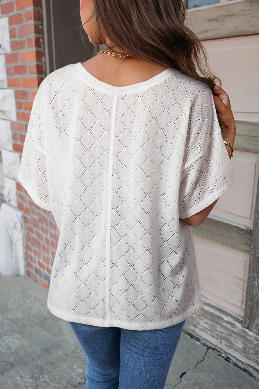Eyelet V-Neck Dropped Shoulder T-Shirt – Trendsi | ClozArt