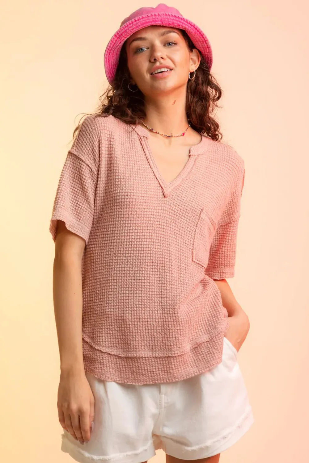 Waffle-Knit Notched Half Sleeve T-Shirt – Trendsi | ClozArt
