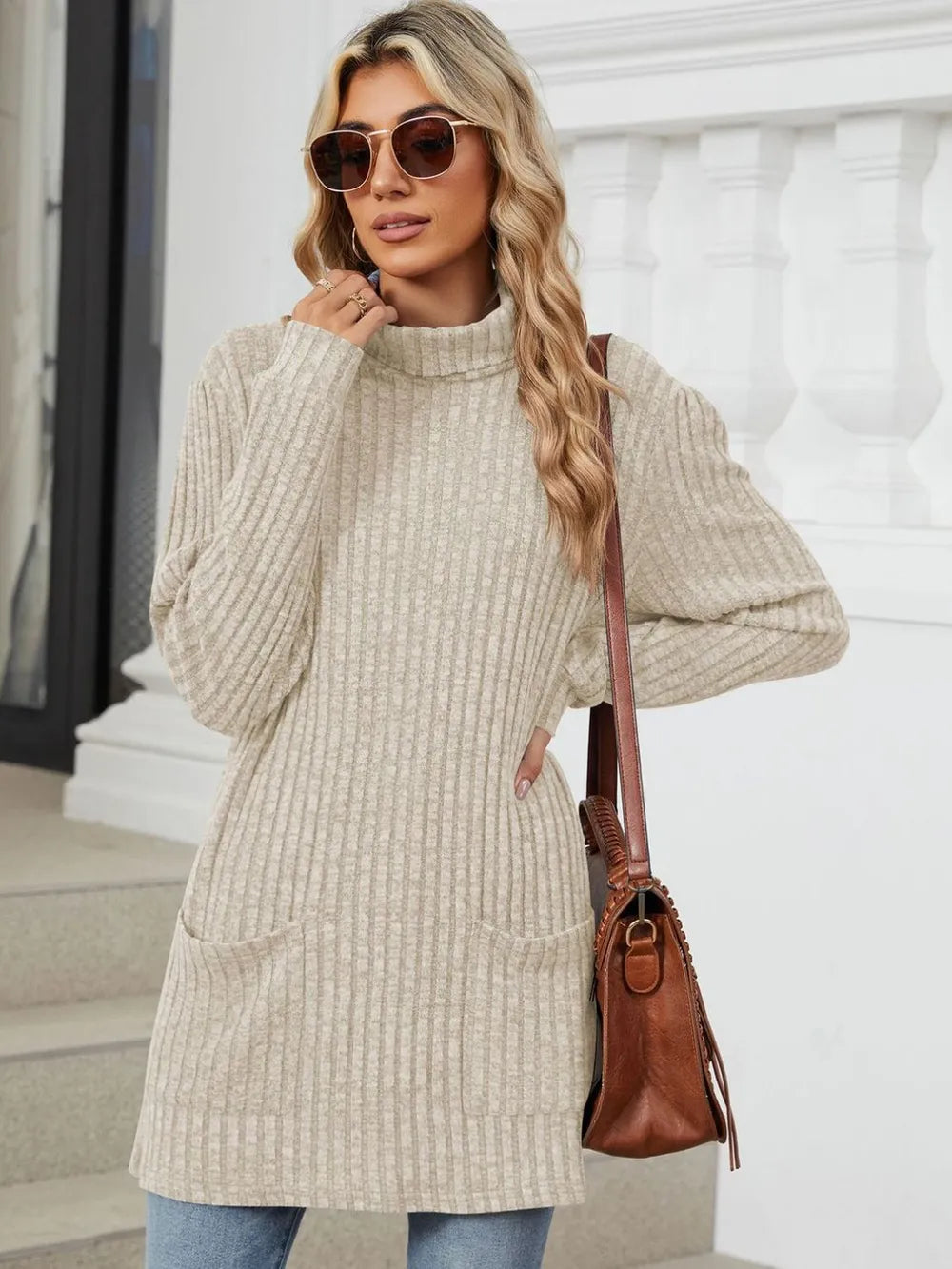 Ribbed Mock Neck Long Sleeve T-Shirt – Trendsi | ClozArt