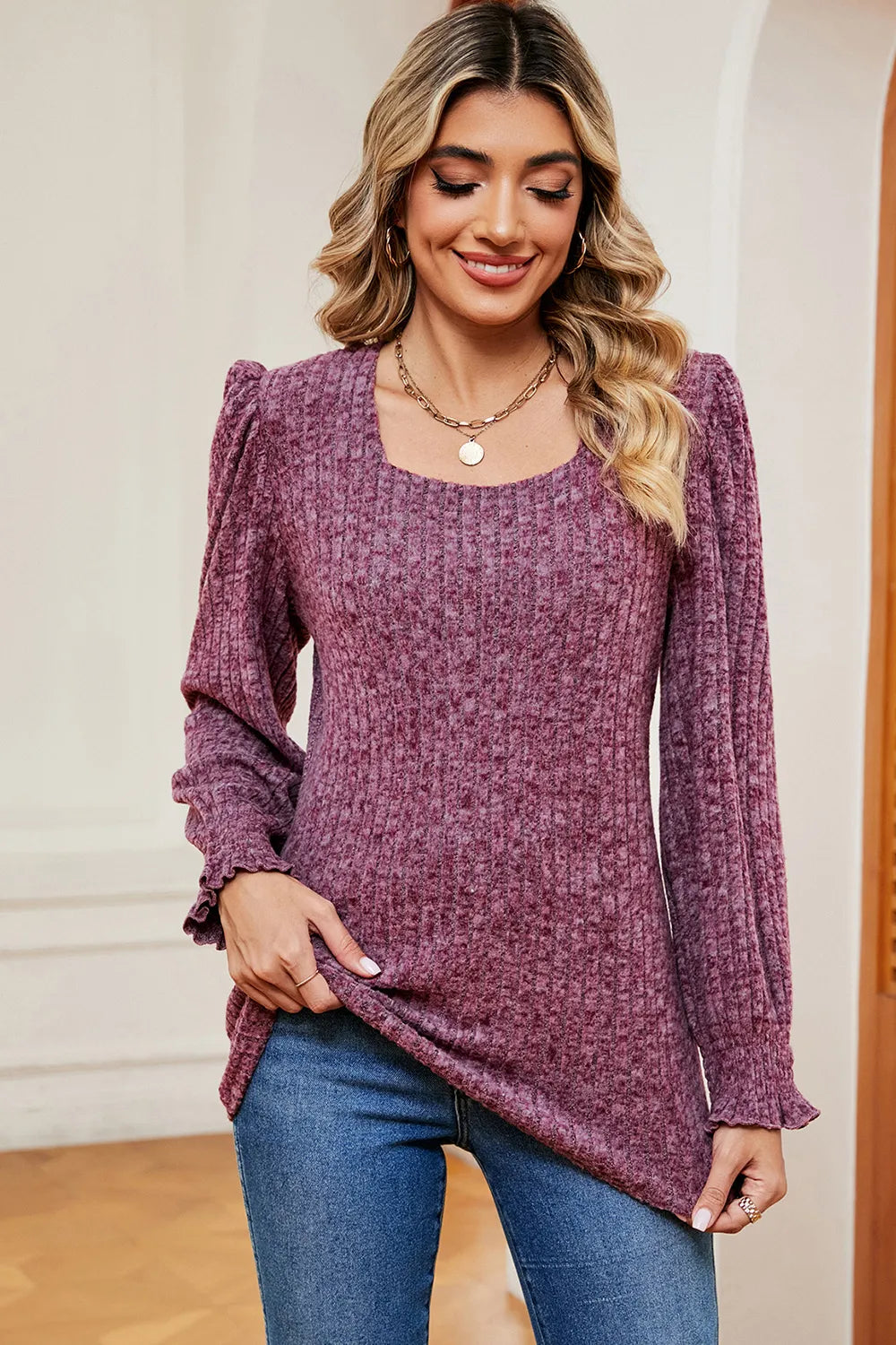 Square Neck Flounce Sleeve T-Shirt – Trendsi | ClozArt