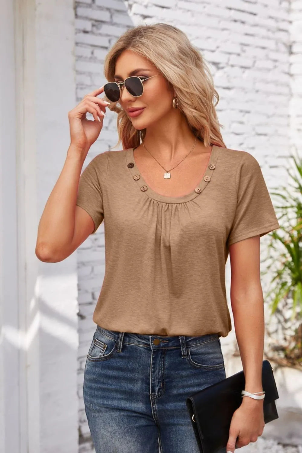 Decorative Button Scoop Neck T-Shirt – Trendsi | ClozArt