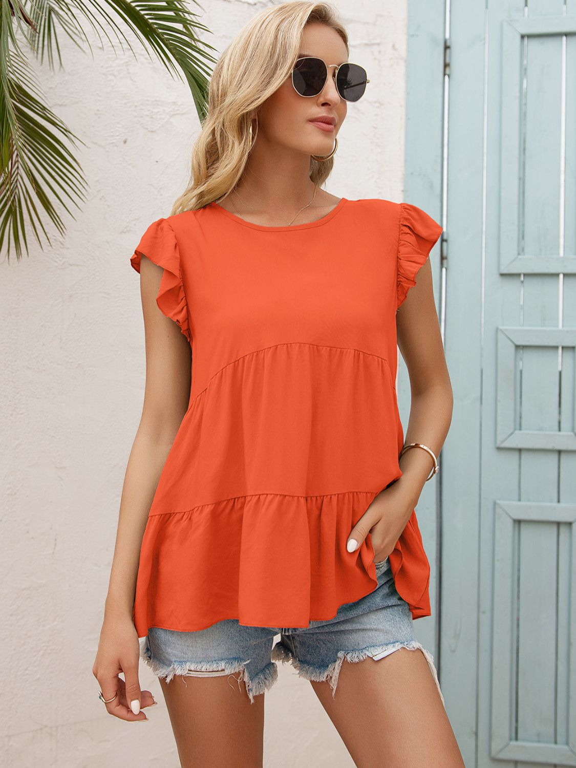 Ivy Lane Round Neck Flutter Sleeve Tiered Blouse – Trendsi | ClozArt