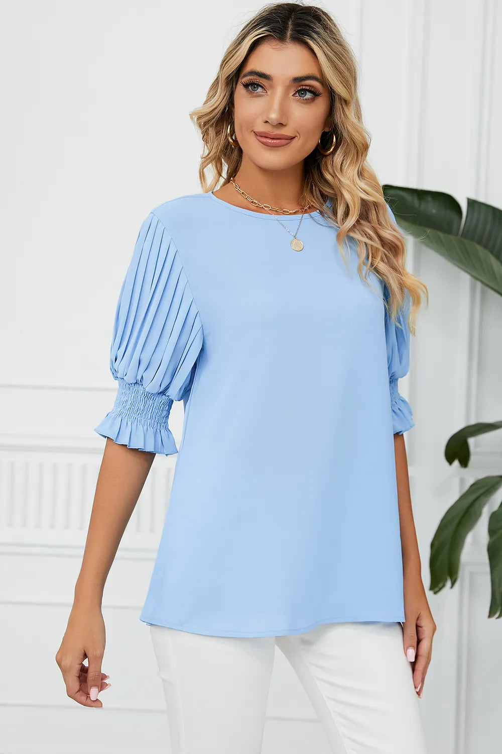Frill Round Neck Lantern Sleeve T-Shirt – Trendsi | ClozArt