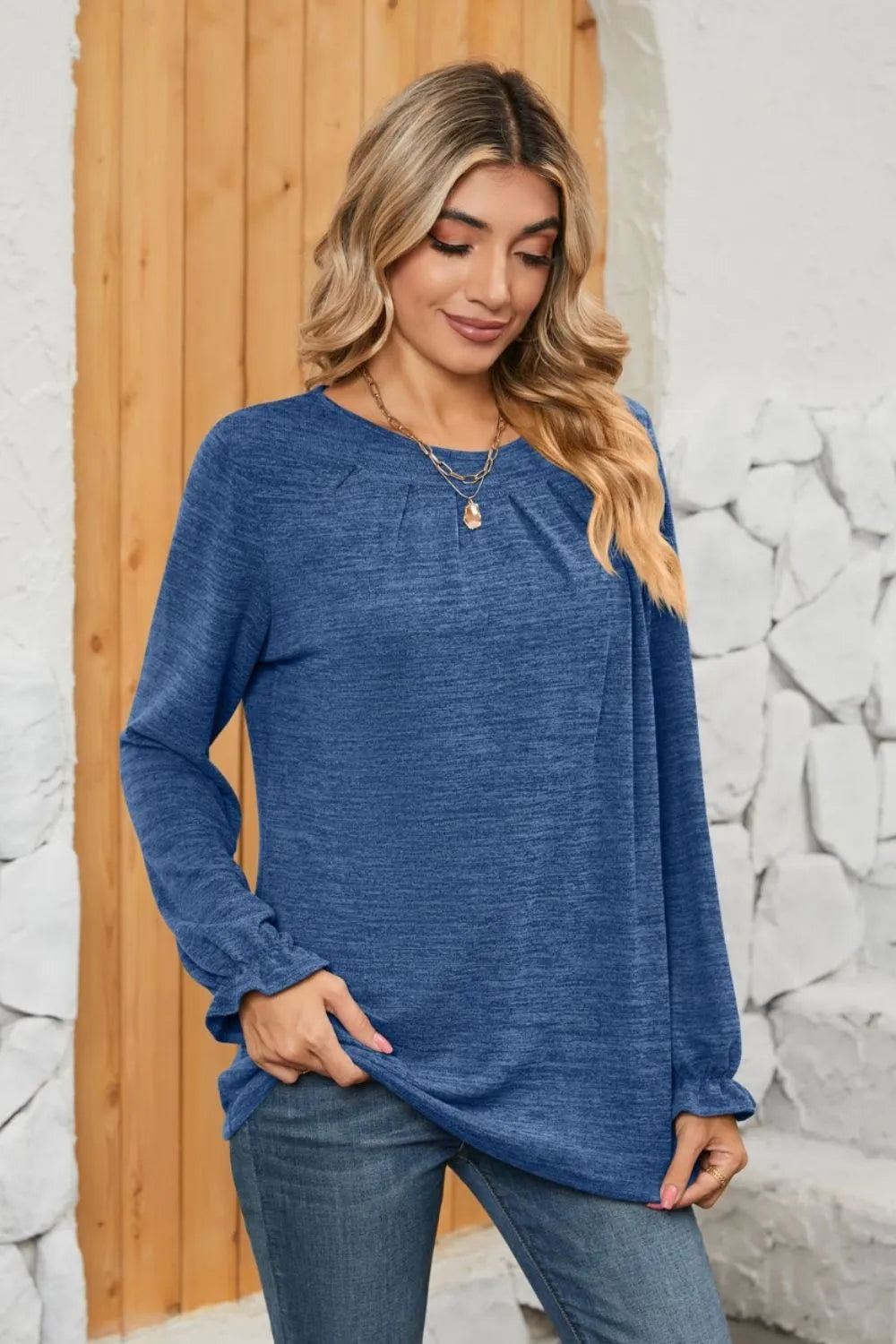 Ruched Round Neck Flounce Sleeve T-Shirt – Trendsi | ClozArt