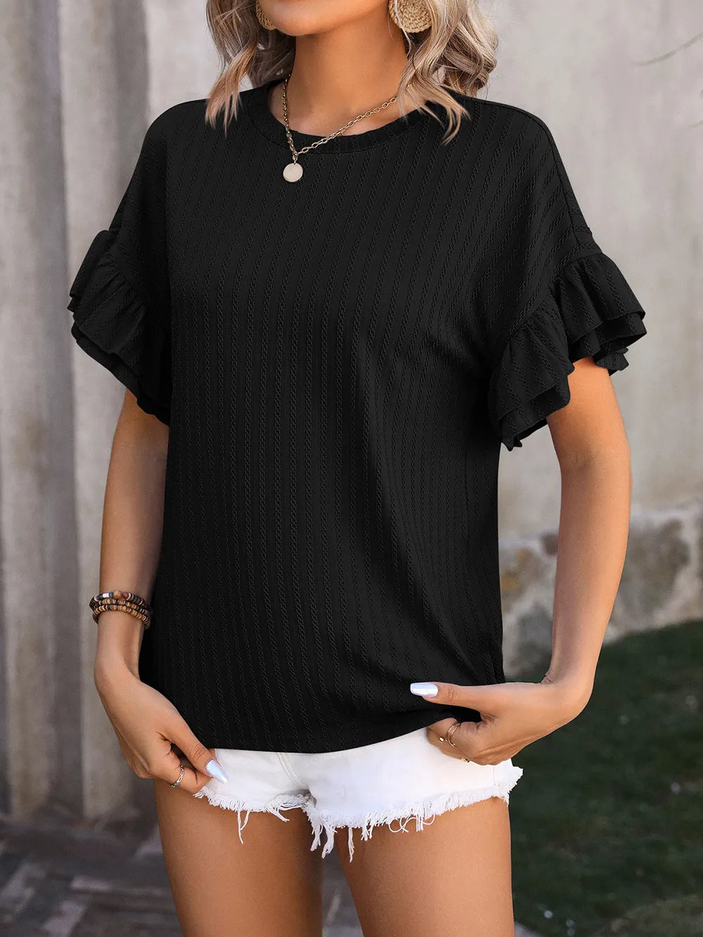 Ruffled Round Neck Short Sleeve Top – Trendsi | ClozArt