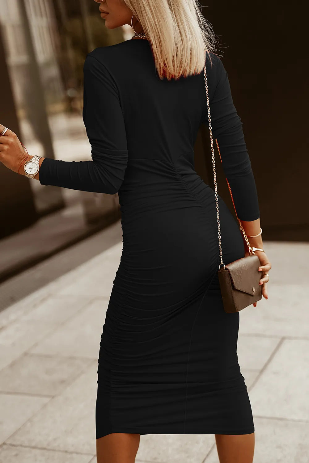 Ruched Surplice Long Sleeve Midi Dress – Trendsi | ClozArt