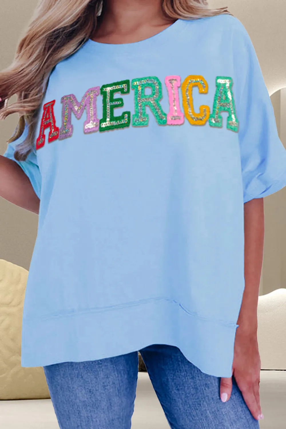 AMERICA Sequin Round Neck Half Sleeve T-Shirt – Trendsi | ClozArt