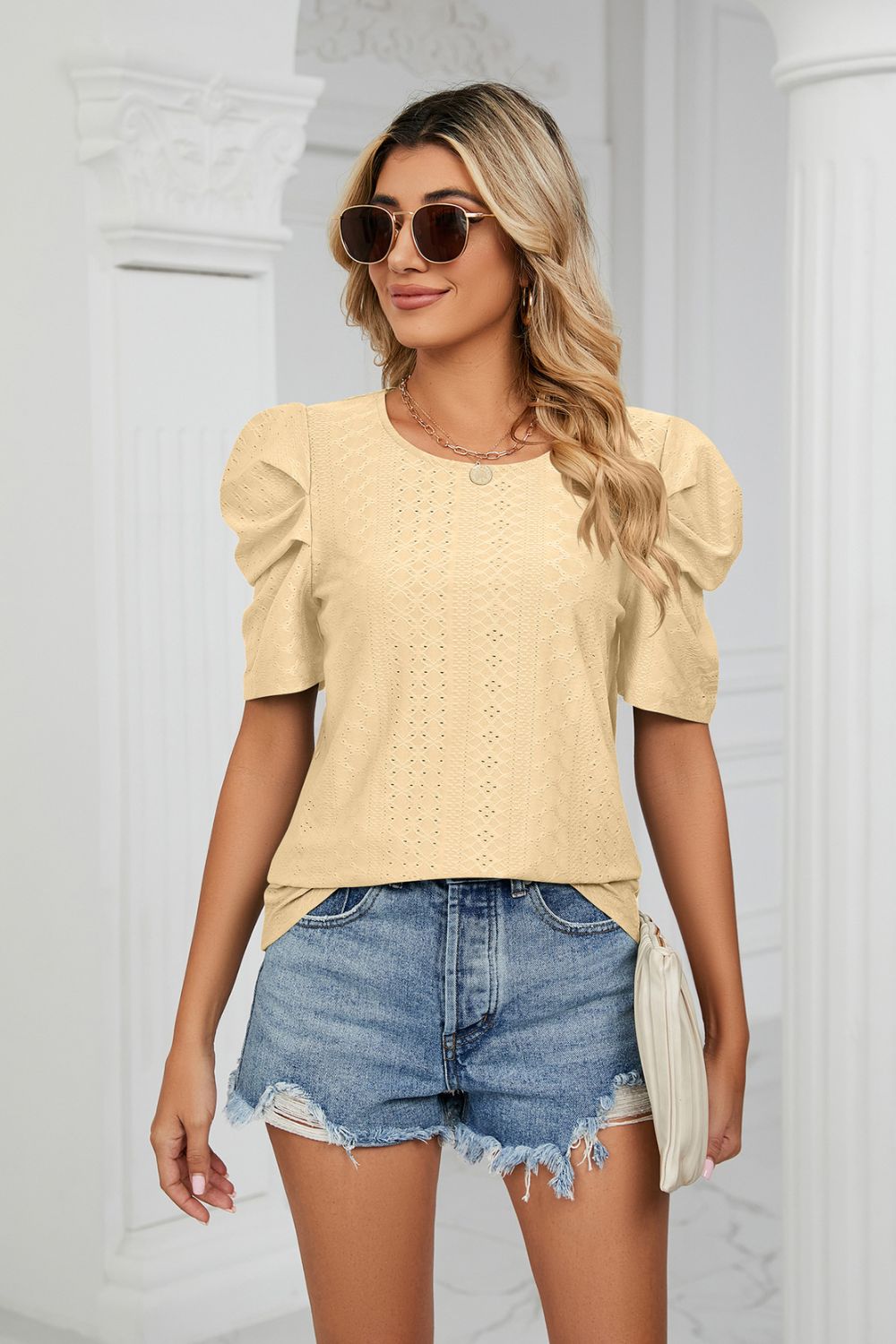 Eyelet Puff Sleeve Round Neck Blouse – Trendsi | ClozArt