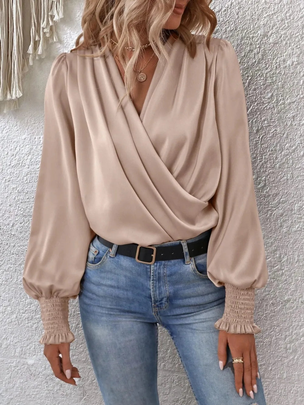 Surplice Smocked Lantern Sleeve Blouse – Trendsi | ClozArt