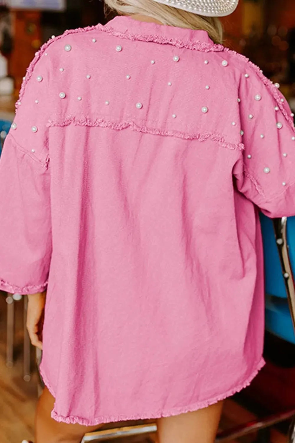 Raw Hem Pearl Trim Dropped Shoulder Denim Jacket – Trendsi | ClozArt