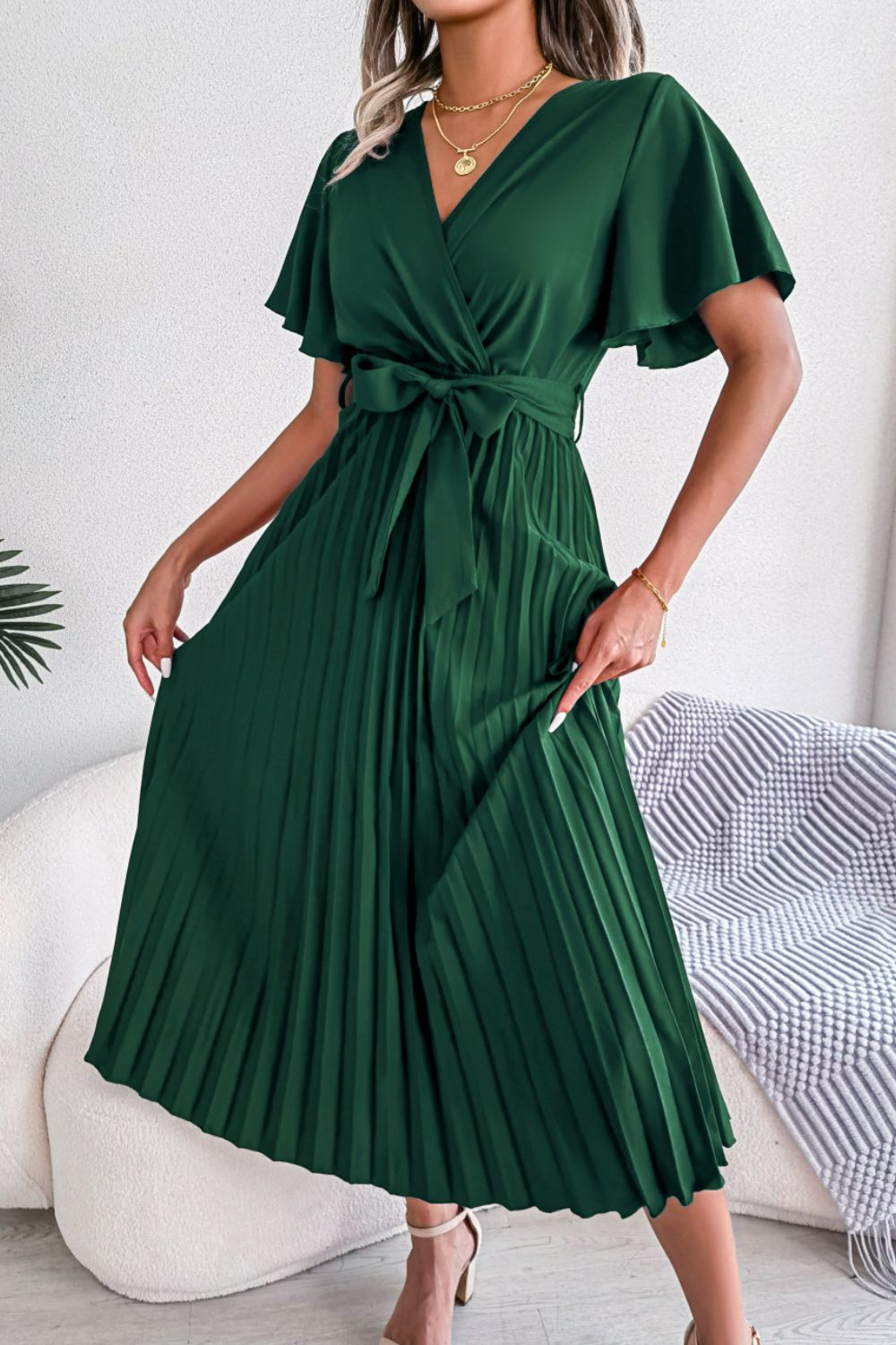 Pleated Flutter Sleeve Belted Dress – Trendsi | ClozArt