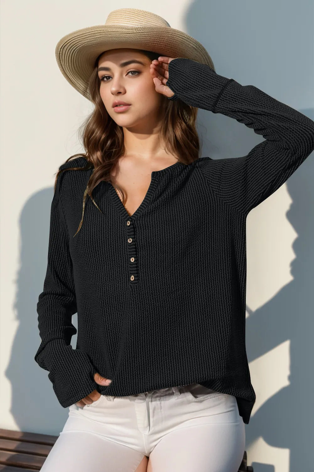 Double Take Full Size Notched Thumbhole Long Sleeve T-Shirt – Trendsi | ClozArt