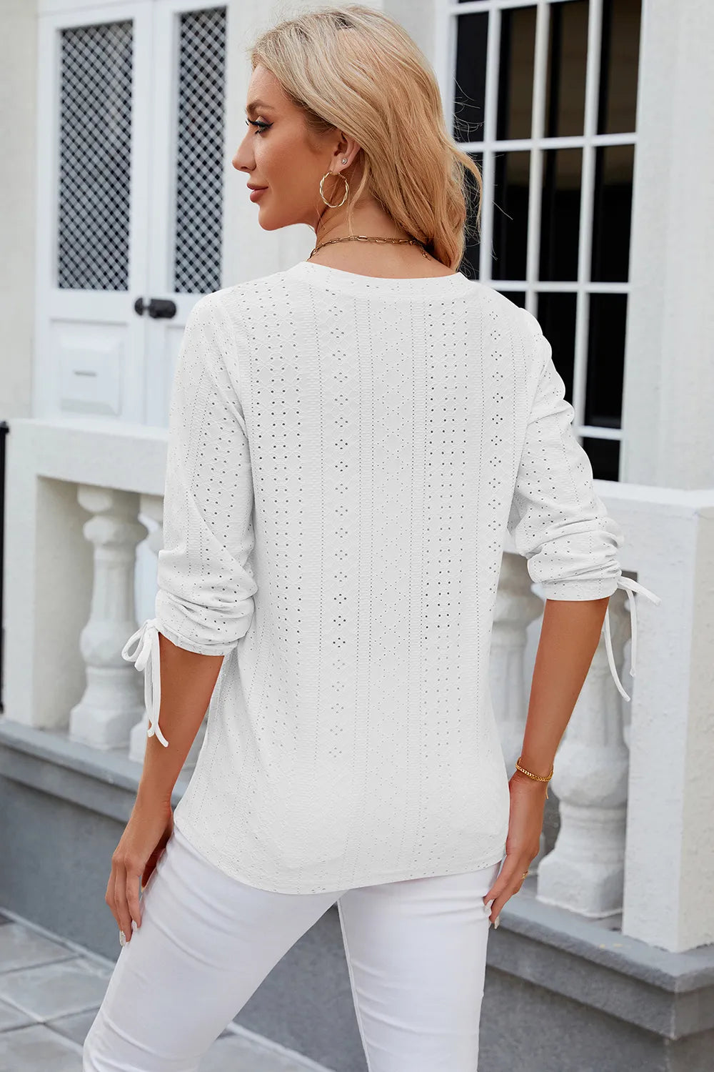 Eyelet Drawstring V-Neck Half Sleeve T-Shirt – Trendsi | ClozArt