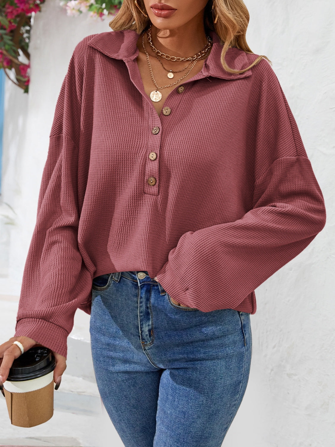 Half Button Collared Neck Long Sleeve Top – Trendsi | ClozArt