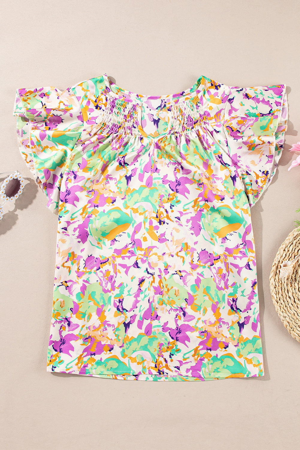 Purple Abstract Print Ruffled Short Sleeve Notched Neck Blouse – Shewin | ClozArt