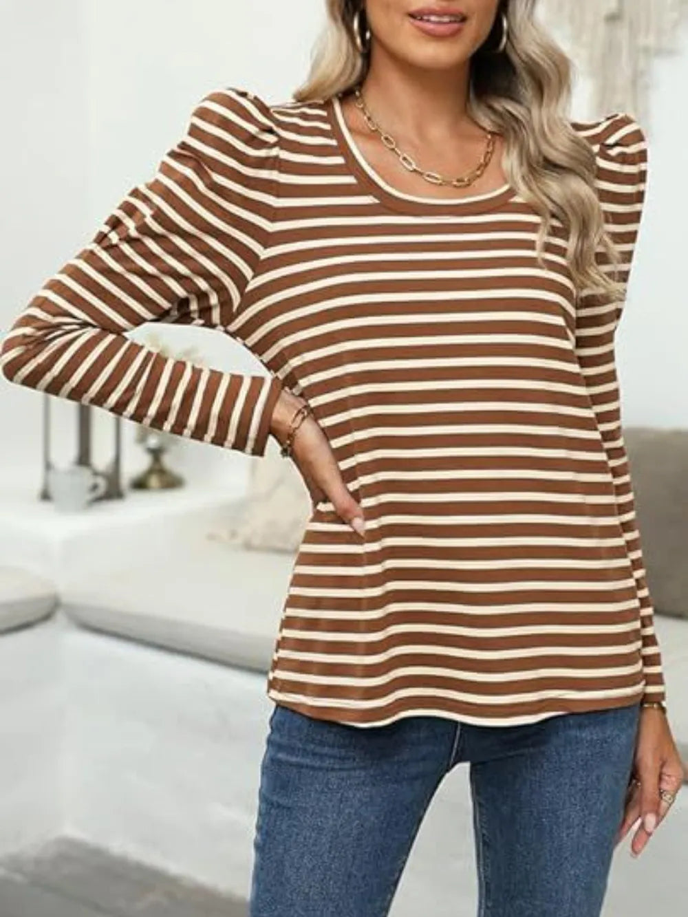 Striped Round Neck Long Sleeve T-Shirt – Trendsi | ClozArt