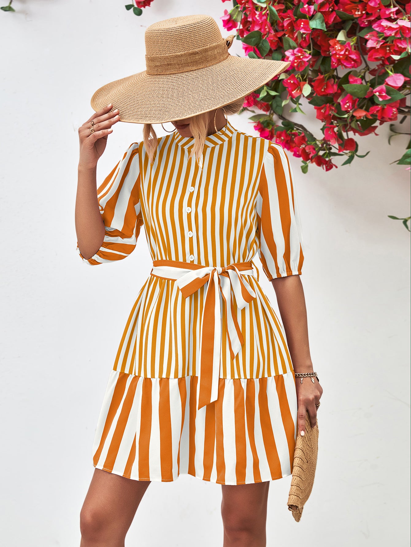 Striped Half Sleeve Tie Waist Mini Dress – Trendsi | ClozArt