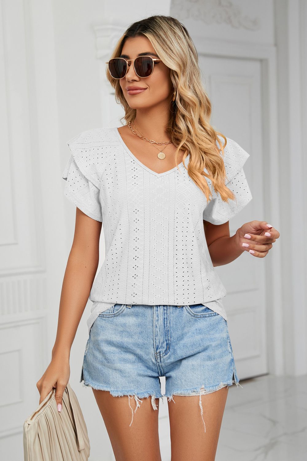 Eyelet Layered Flutter Sleeve V-Neck Knit Top – Trendsi | ClozArt