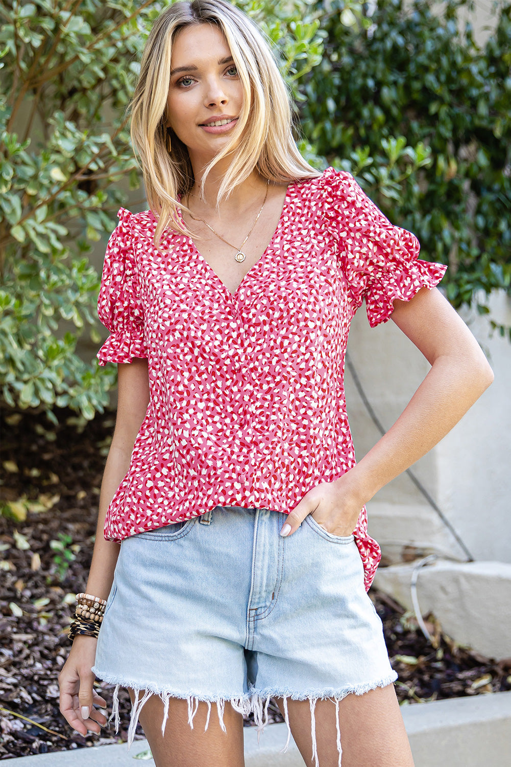 Printed Flounce Sleeve Plunge Blouse – Trendsi | ClozArt