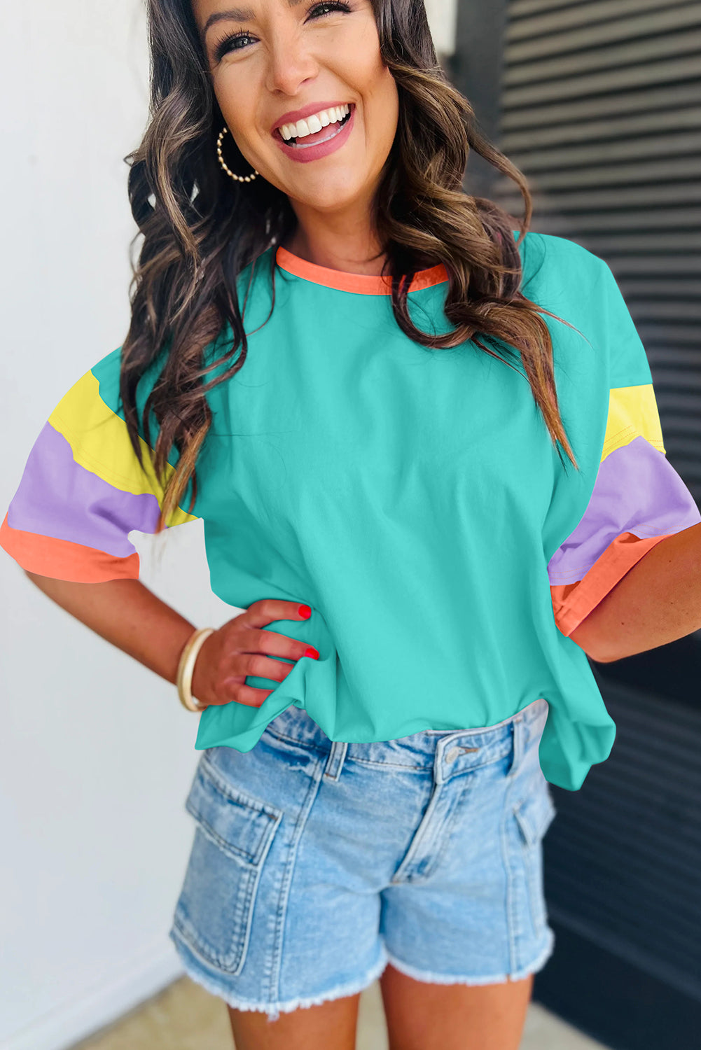 Pink Color Block Sleeve Round Neck Oversize Top – Shewin | ClozArt