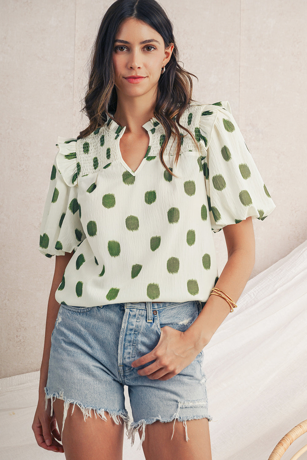 Black Polka Dot Print Smocked Notched Neck Balloon Sleeve Blouse – Shewin | ClozArt