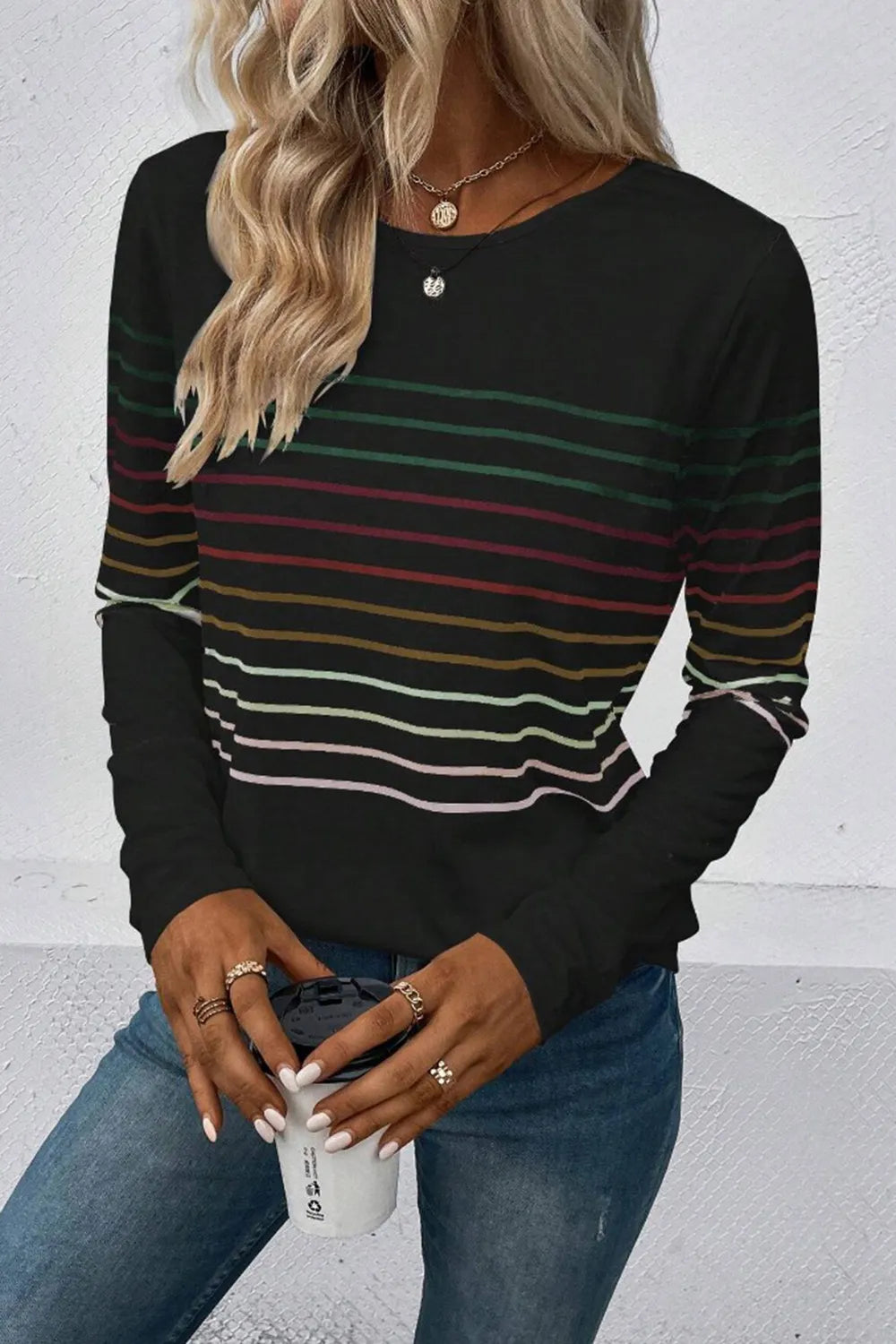 Striped Round Neck Long Sleeve T-Shirt – Trendsi | ClozArt