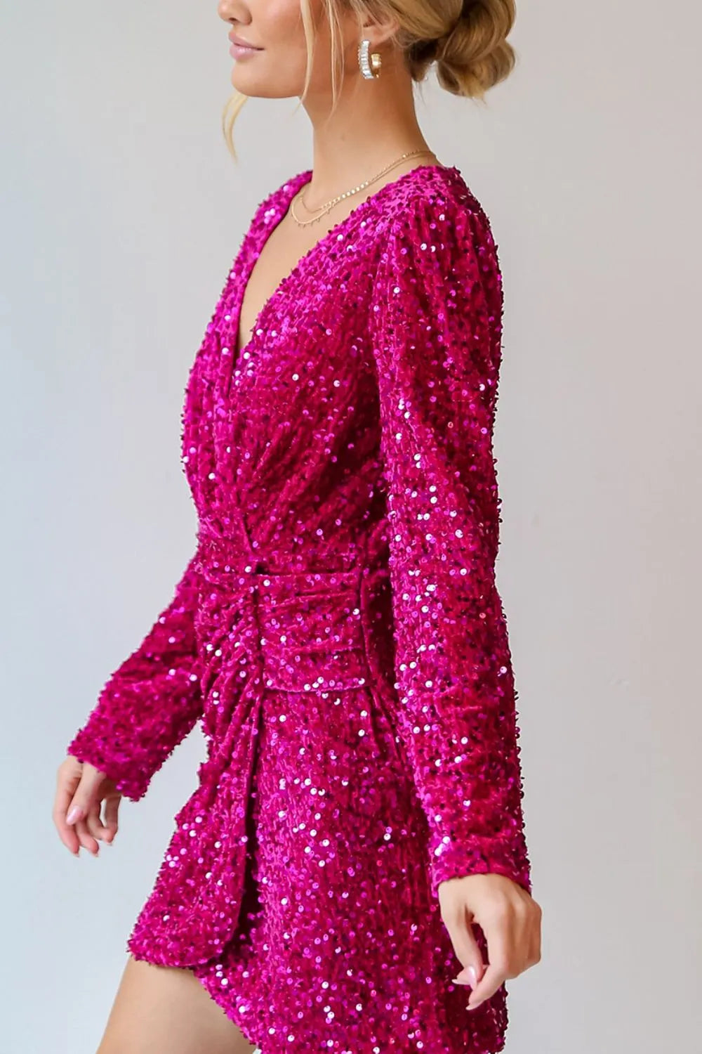 Sequin Surplice Long Sleeve Mini Dress – Trendsi | ClozArt