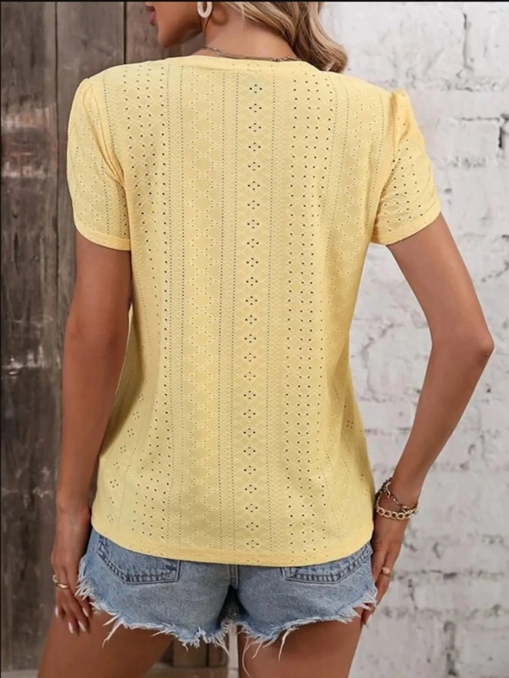 Eyelet V-Neck Petal Sleeve T-Shirt – Trendsi | ClozArt