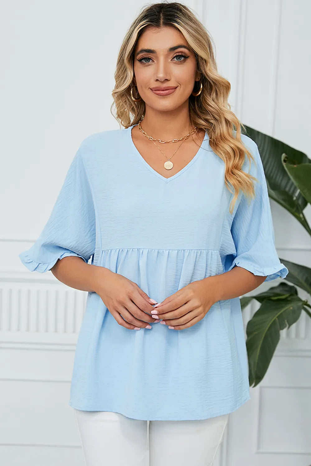 Peplum V-Neck Half Sleeve T-Shirt – Trendsi | ClozArt