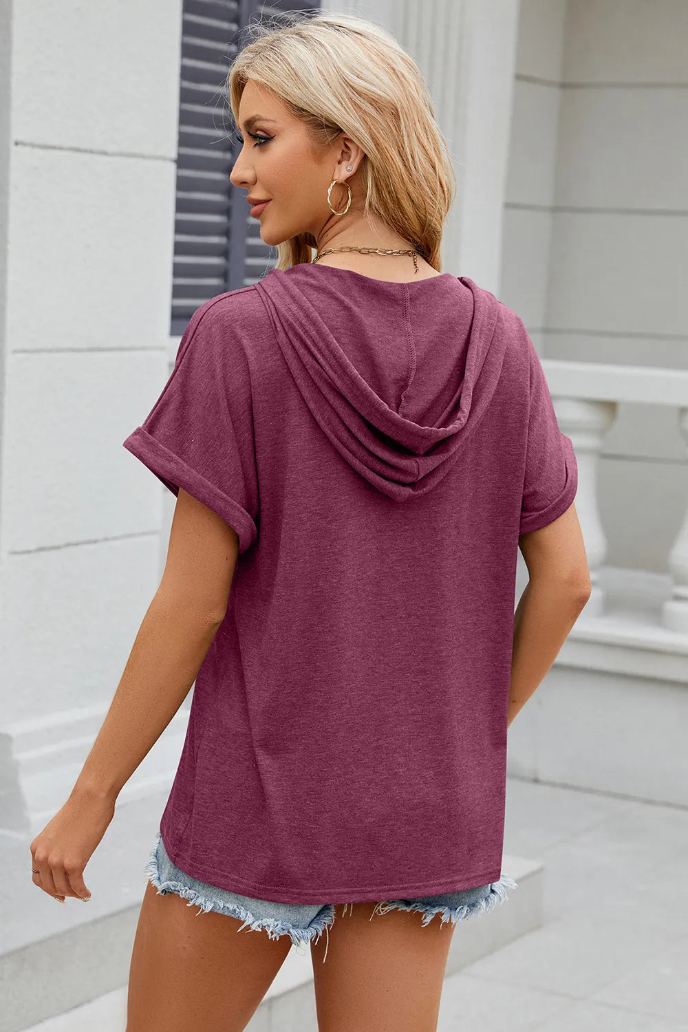 Half Button Drawstring Short Sleeve Hooded T-Shirt – Trendsi | ClozArt