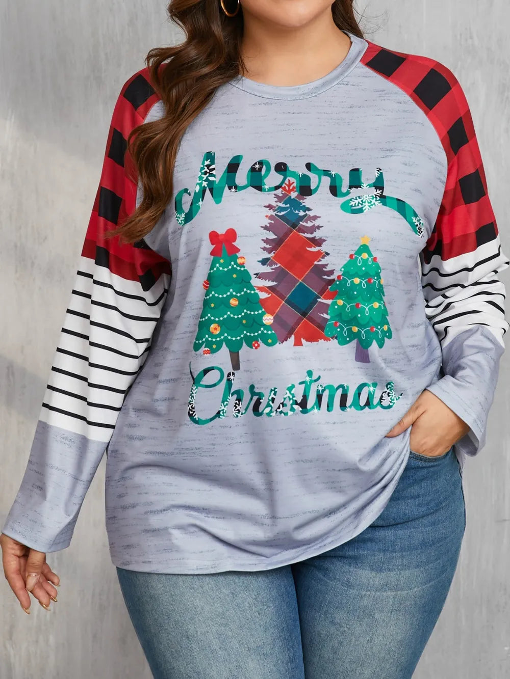 Plus Size Christmas Tree Plaid Round Neck Long Sleeve T-Shirt – Trendsi | ClozArt