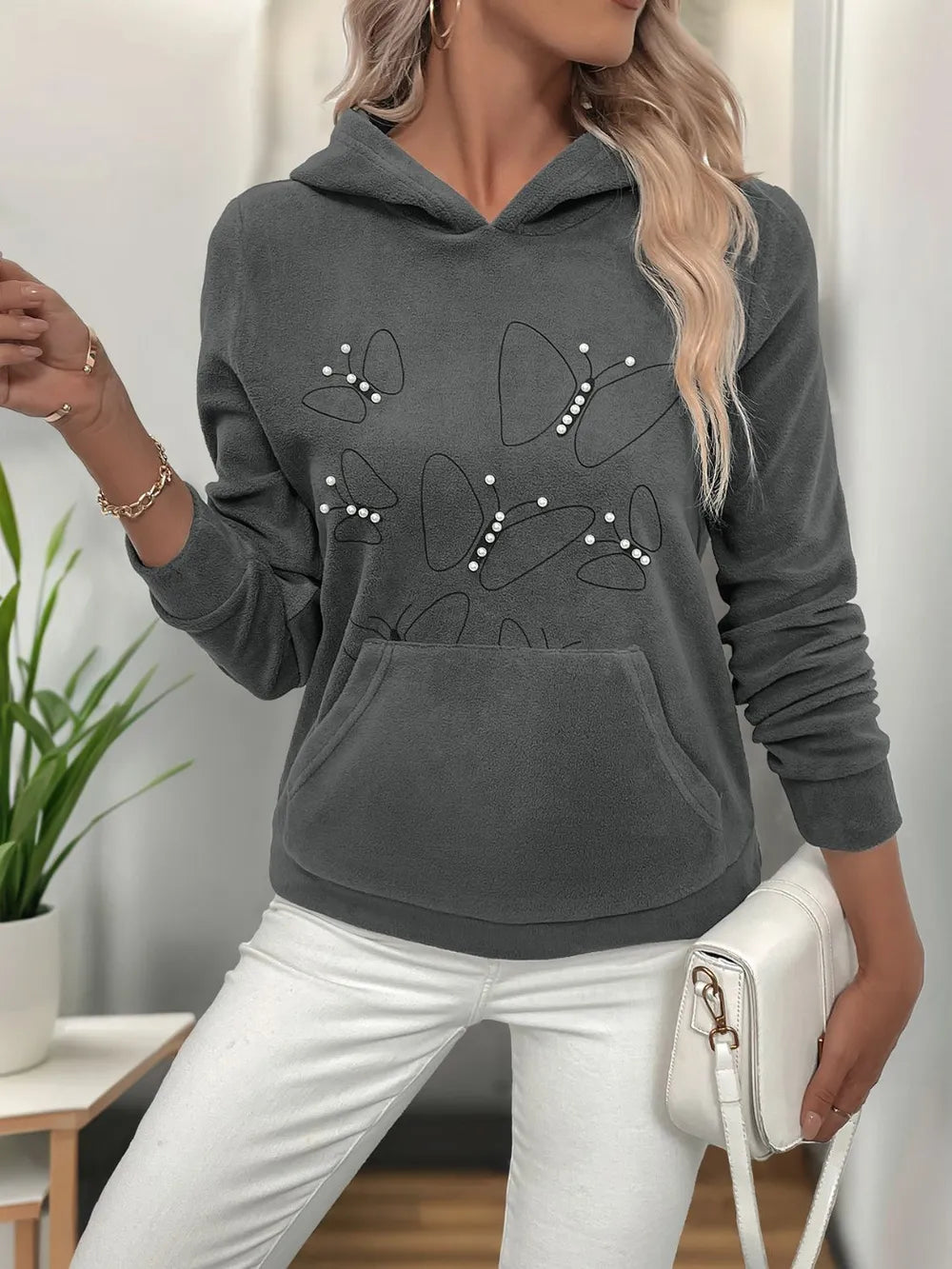 Perfee Pearl Butterfly Long Sleeve Hoodie – Trendsi | ClozArt