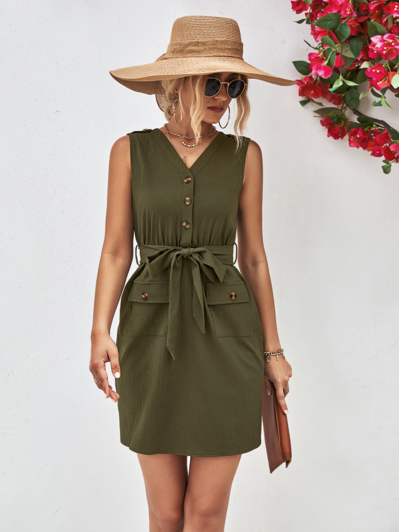 Buttoned V-Neck Belted Sleeveless Dress – Trendsi | ClozArt