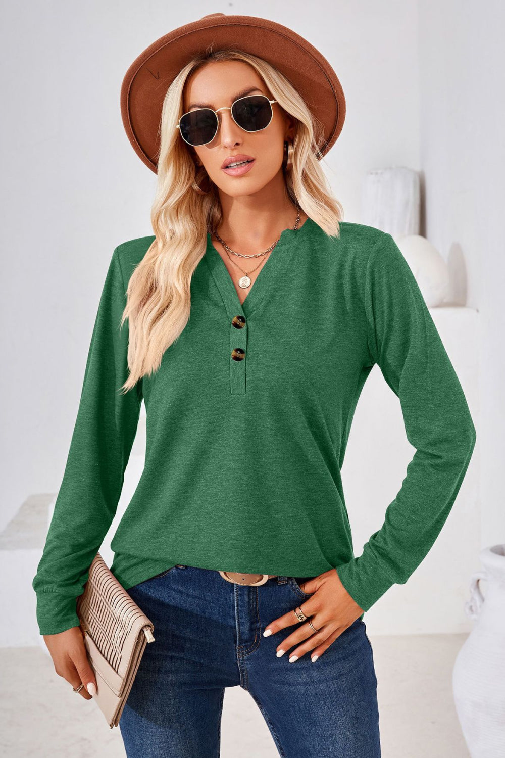 V-Neck Buttoned Long Sleeve Blouse – Trendsi | ClozArt