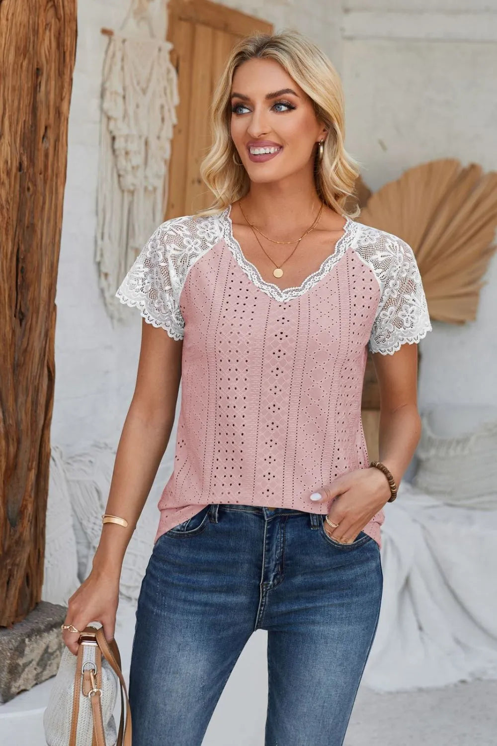 Eyelet V-Neck Lace Short Sleeve T-Shirt – Trendsi | ClozArt