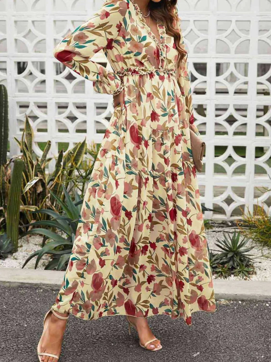 Frill Printed V-Neck Flounce Sleeve Dress – Trendsi | ClozArt