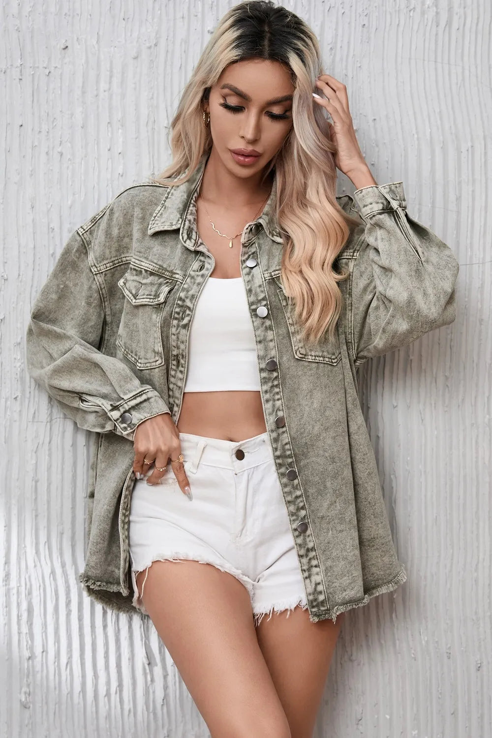 Button Up Pocketed Raw Hem Denim Jacket – Trendsi | ClozArt