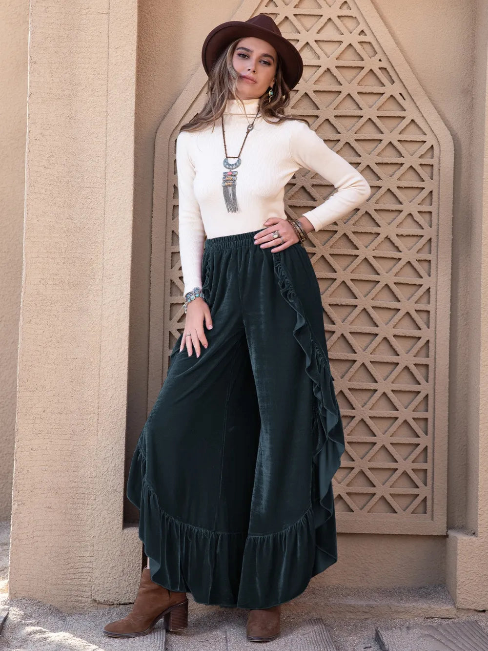 Ruffle Trim Wide Leg Slit Pants – Trendsi | ClozArt